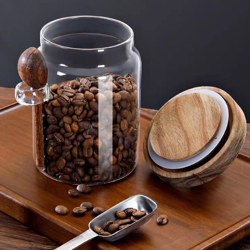 Coffee And Tea Glass - Transparante glazen voedselopslagbus met luchtdicht houten